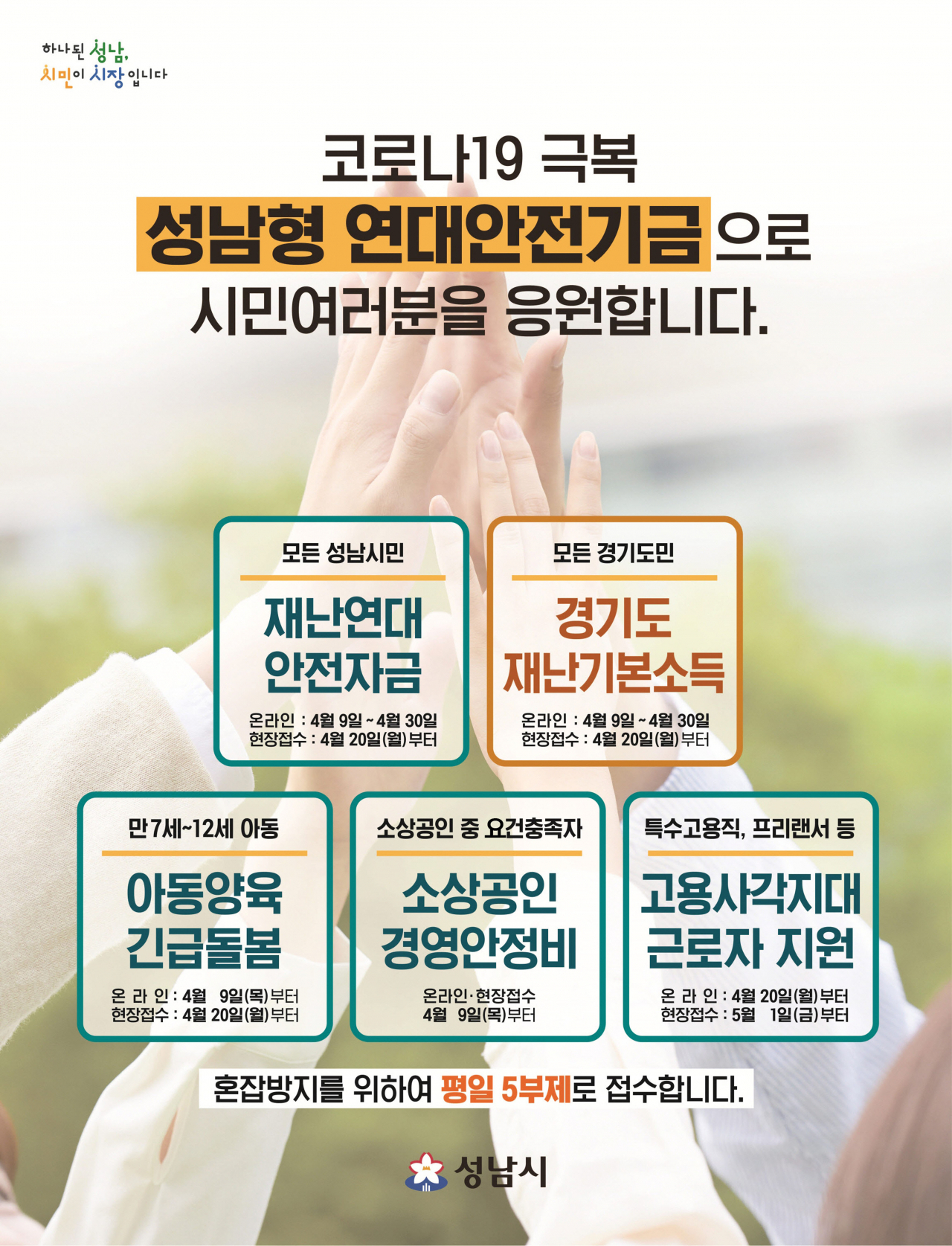 5가지 성남형 연대안전기금 신청 접수 안내 포스터.