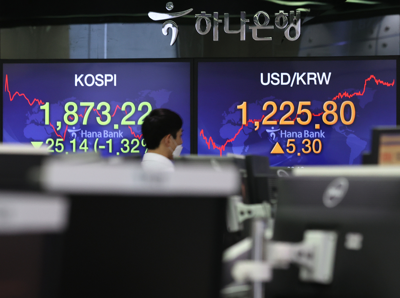 21일 오전 서울 중구 하나은행 본점 딜링룸에서 직원이 전광판 앞을 지나고 있다. 이날 코스피지수는 전장보다 11.58포인트(0.61%) 내린 1886.78로 출발했다.[연합]