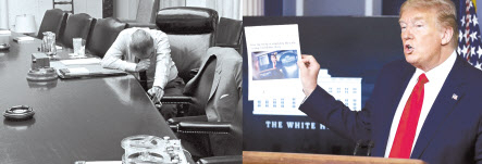 린든 존슨 전 미국 대통령이 1968년 7월 31일 백악관 회의실에 홀로 앉아 베트남전에 나간 미군 희생자 수 등이 담긴 보고 테이프를 듣고 좌절한 듯 웅크리고 있다(왼쪽). 도널드 트럼프 대통령이 20일(현지시간) 백악관 기자회견에서 인공호흡기 수급 관련 언론이 자신을 얼마나 좋지 않게 다루고 있는지에 대해 불평을 하고 있다. 미국인들은 코로나19 위기에서 희생자에 대한 공감을 나타내지 않는 트럼프 대통령을 존슨 전 대통령과 오버랩해 비교하고 있다.[린든 존슨 도서관·AP]