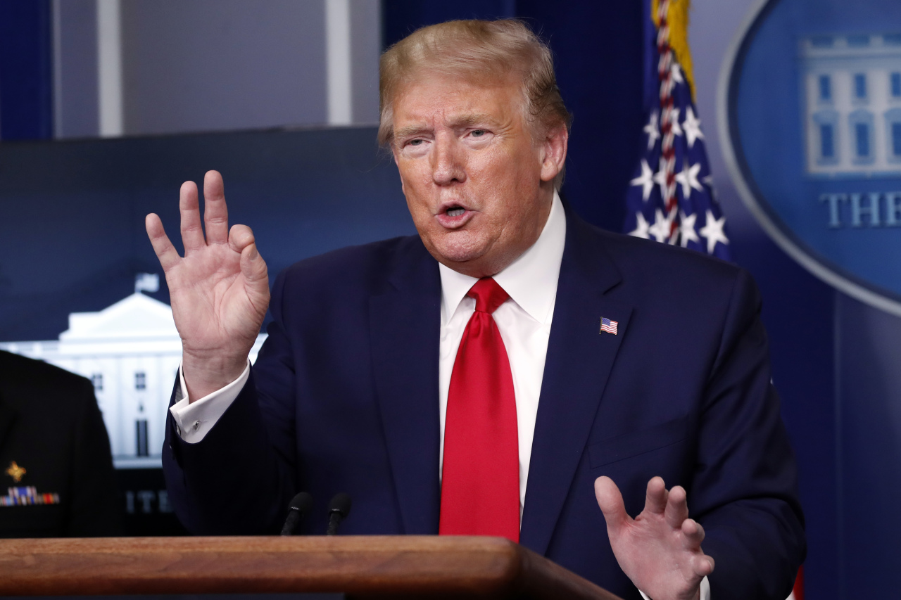 President Donald Trump speaks during the press briefing at the White House, Monday.  (AP-Yonhap)