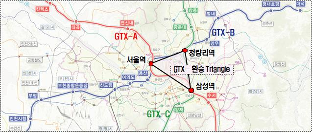 정부는 GTX 2개 노선이 교차하는 청량리역(GTX-B·C)을 삼성역(GTX-A·C), 서울역(GTX-A·B)과 함께 ‘GTX-환승 트라이앵글(Triangle)’로 조성할 계획이다. [국토교통부 제공]