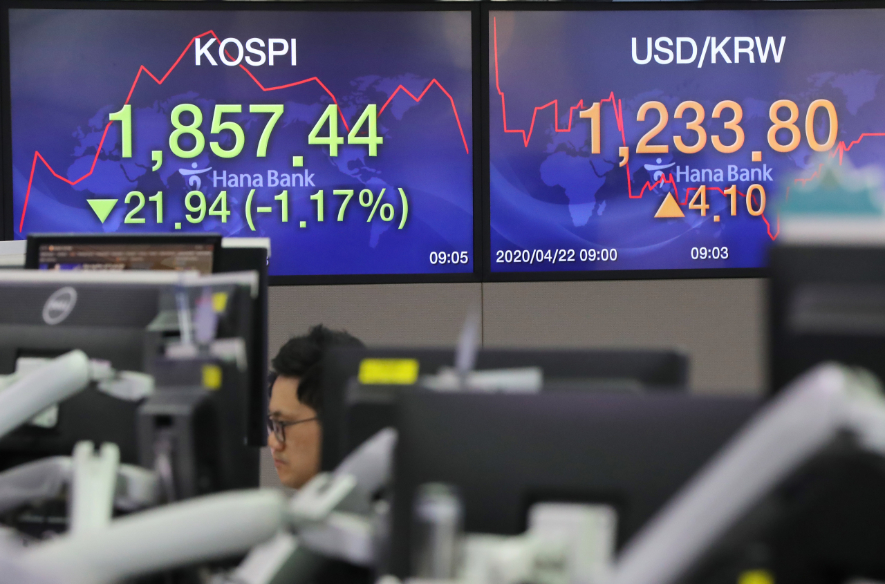 국제유가 하락으로 인한 금융시장의 불안이 이어지면서 22일 코스피가 1% 이상 떨어지는 급락세로 출발했다. 지수는 전장보다 23.87포인트(1.27%) 내린 1,855.51로 출발해 낙폭을 키우고 있다. 사진은 이날 서울 중구 하나은행 본점 딜링룸. 연합뉴스