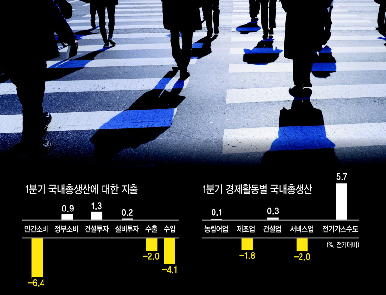 신종 코로나바이러스 감염증(코로나19) 충격으로 우리나라 올 1분기 경제성장률이 글로벌 금융위기 이후 최저 수준인 -1.4%를 기록했다. 사회적 격리 정책에 따른 외부 활동 자제로 여행과 외출 등이 급감하면서 민간소비가 쪼그라든 탓이다. 한국 경제에 짙은 그림자가 드리워졌다. 박해묵 기자