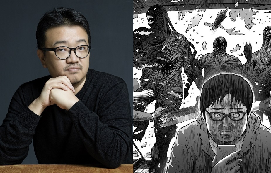 Director Yeon Sang-ho (left) and a scene from webcomic "Hellbound" (Netflix)