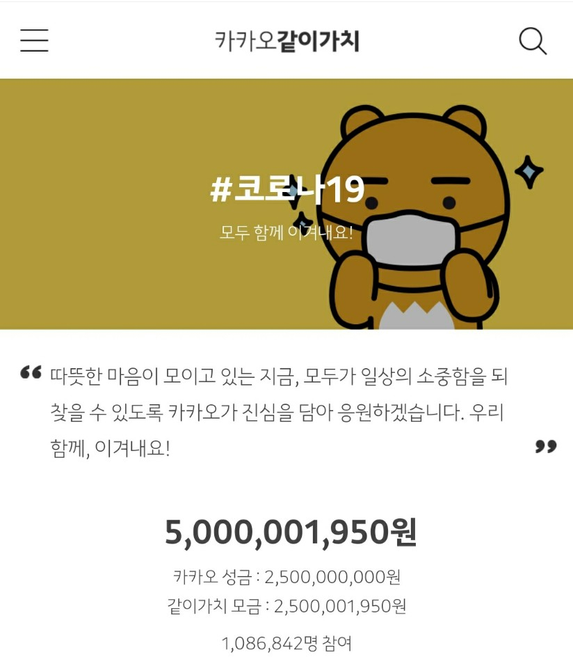카카오는 코로나19 피해 극복 기부 캠페인 모금액이 50억을 넘었다고 29일 밝혔다. [카카오 제공]