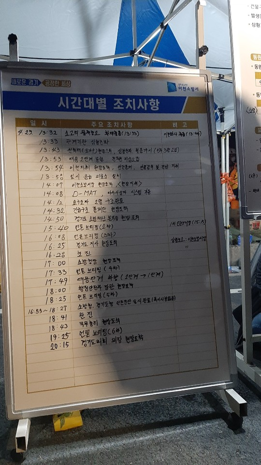 지난 29일 오후 불이 난 경기 이천 물류창고 공사 현장에 설치된 상황판. 주소현 기자/addressh@heraldcorp.com
