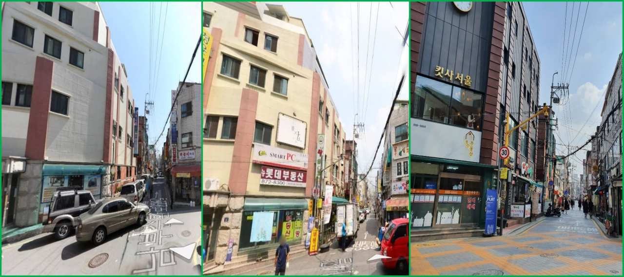 샤로수길 일대 2012년(왼쪽), 2016년(중간), 2020년(오른쪽) 모습 [네이버 지도/다음 카카오맵 활용]