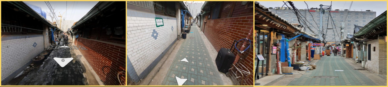 익선동 한옥마을 일대 2012년(왼쪽), 2016년(중간), 2020년 (오른쪽) 모습 [네이버 지도와 다음 카카오맵 활용]