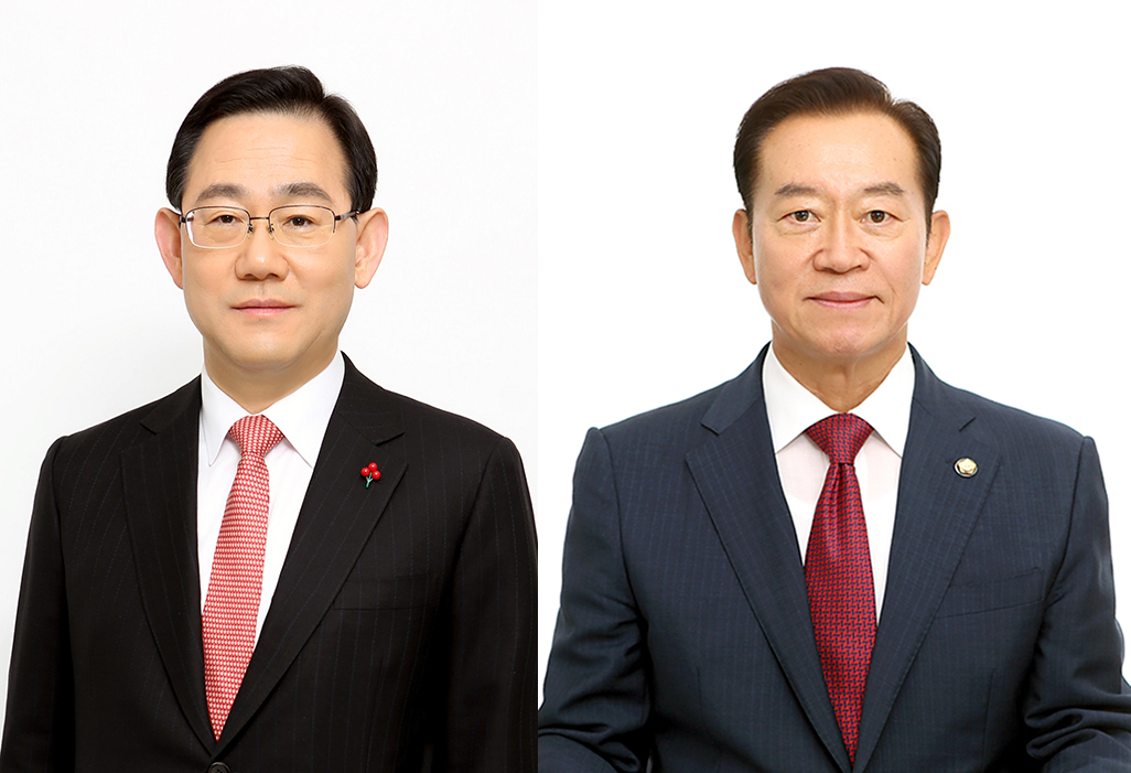 미래통합당 원내대표 선거에 출마한 주호영 원내대표 후보와 이종배 정책위의장 후보.