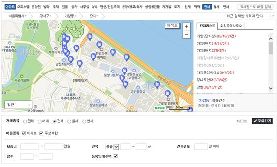 한방부동산포털의 등록임대주택 검색 서비스 [국토교통부 제공]