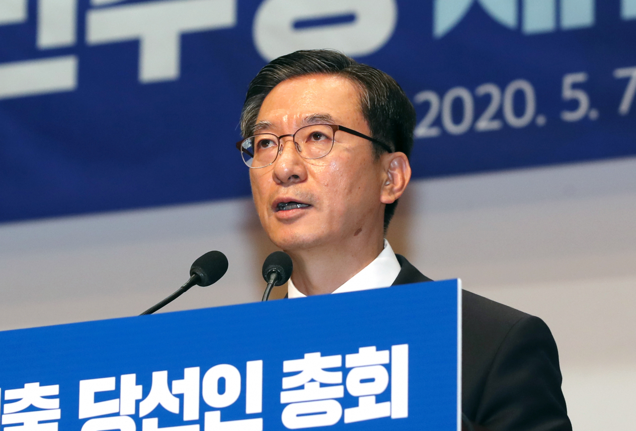 7일 국회 의원회관 대회의실에서 열린 제21대 국회 더불어민주당 제1기 원내대표 선출 당선인 총회에서 정성호 후보가 정견발표를 하고 있다. [연합]