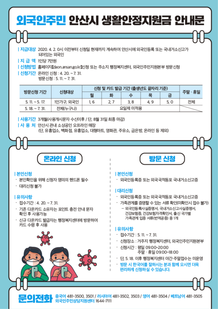 전국 최초 외국인 주민 재난지원금 지급하는 안산시는 전담창구와 전용 콜센터를 운영한다. [안산시 제공]