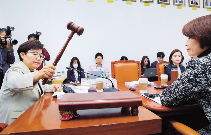 11일 국회 환경노동위원회 고용노동소위원회에서 미래통합당 소속 임이자 소위원장(왼쪽)이 더불어민주당 소속 한정애 간사가 지켜보는 가운데 의사봉을 두드리고 있다. 국회 환노위는 이날 ‘국민 취업제도, 고용보험’ 등을 논의했다. [연합]