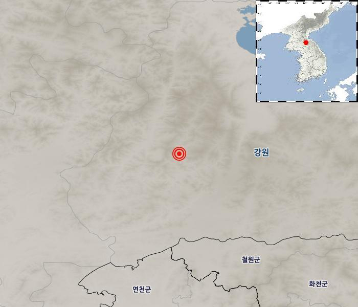 기상청은 11일 오후 7시 45분 06초 북한 강원 평강 북북서쪽 37km 지역에서 규모 3.8의 지진이 발생했다고 발표했다. 사진은 지진 발생 위치. [연합]
