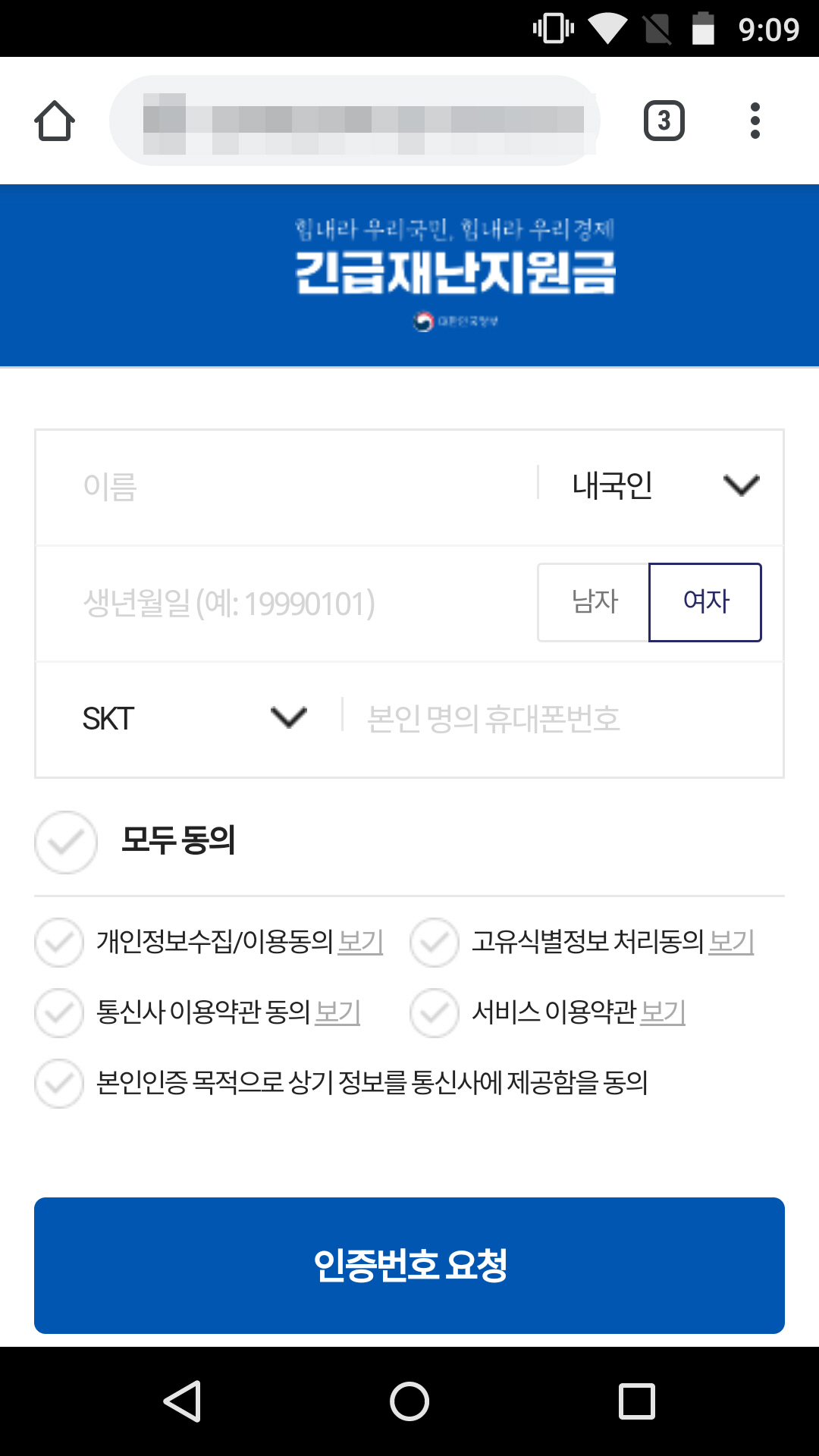 스미싱에 이용된 가짜 긴급재난지원기금 신청 사이트. [이스트시큐리티 제공]