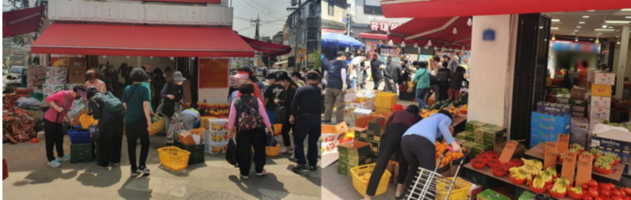 8일 서울 마포구 망원시장에서 손님들이 과일을 살펴보고 있다. [사진=김빛나 기자]
