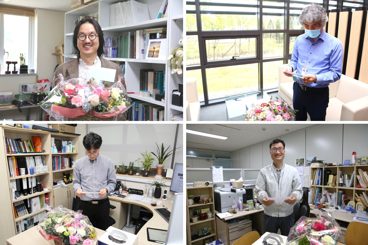 15일 스승의날을 맞아 꽃과 감사편지를 전달받은 UST 교수들.[UST 제공]