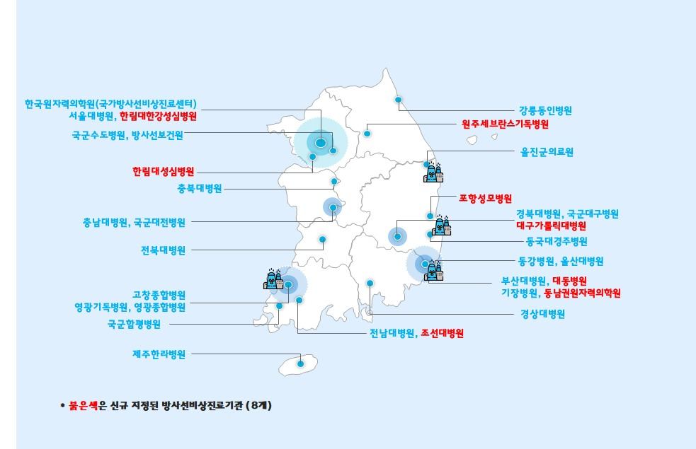 국가방사선비상진료센터 및 방사선비상진료기관 현황.[원안위 제공]