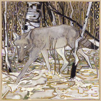 BILLY CHILDISH, wolf in birch trees, 2019, Oil and charcoal on linen, 183x183cm [리만머핀갤러리 자료]