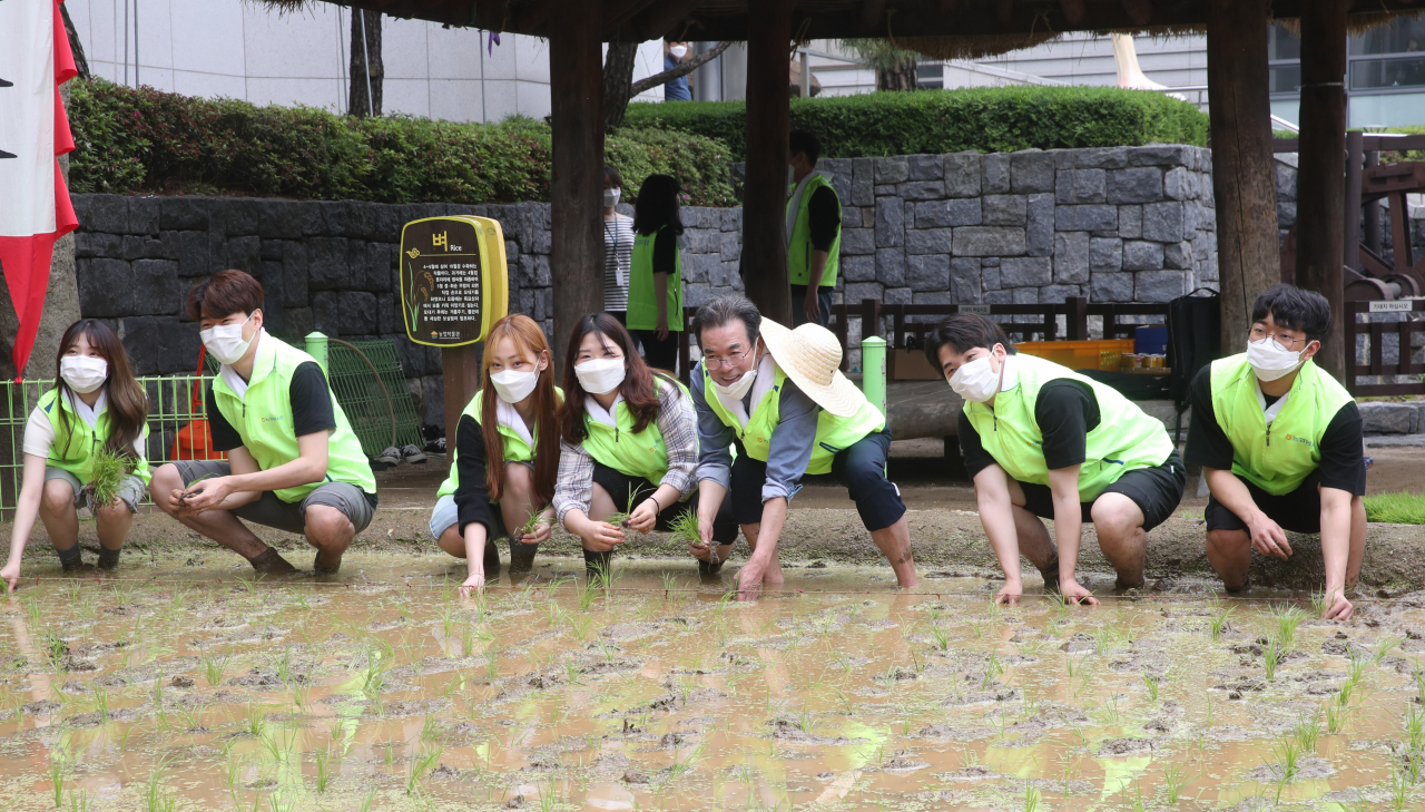 이성희(오른쪽 세번째) 농협중앙회장이 18일 서울 중구 농업박물관에 조성된 논에 들어가 직접 모를 심고 있다.［제공］