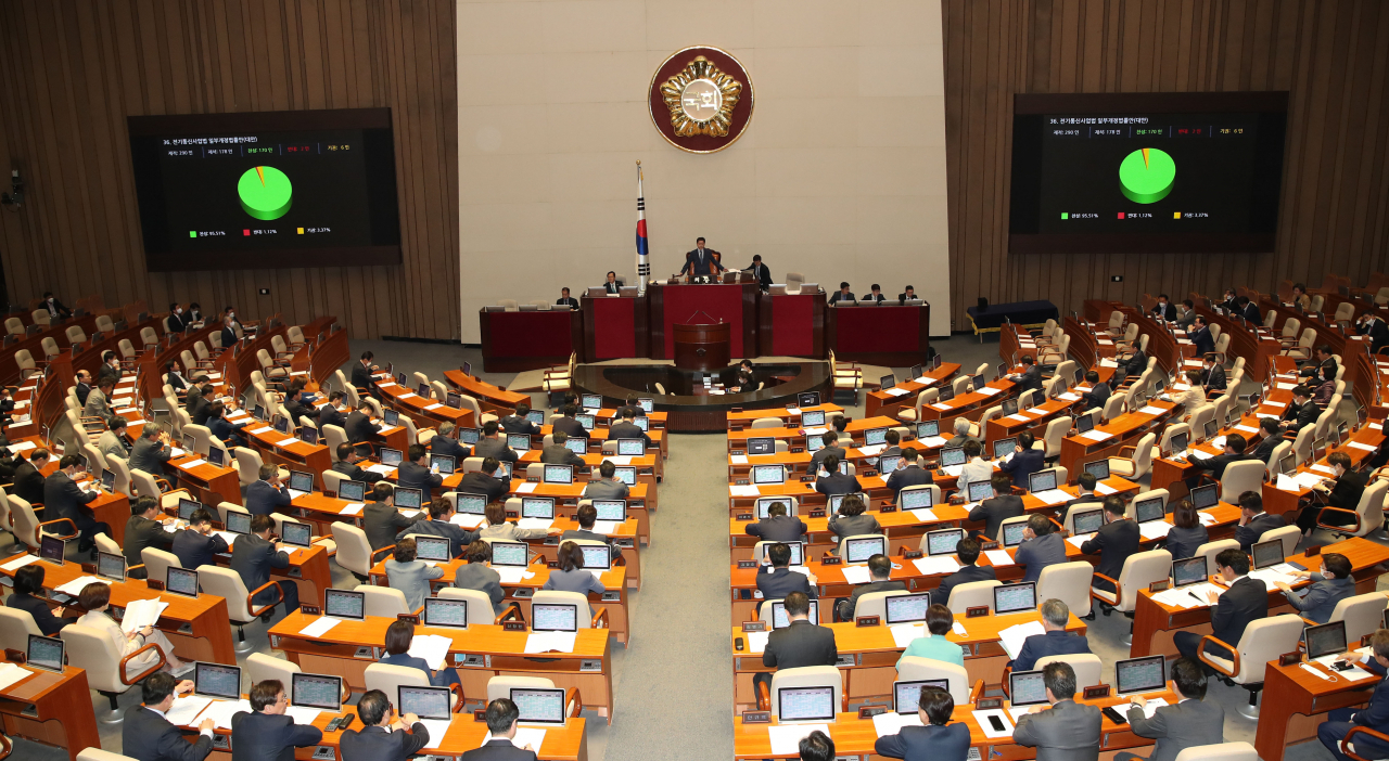 20일 국회 본회의장에서 열린 제378회 국회(임시회) 제1차 본회의에서 전기통신사업법 일부개정법률안(대안)이 가결되고 있다. [연합]