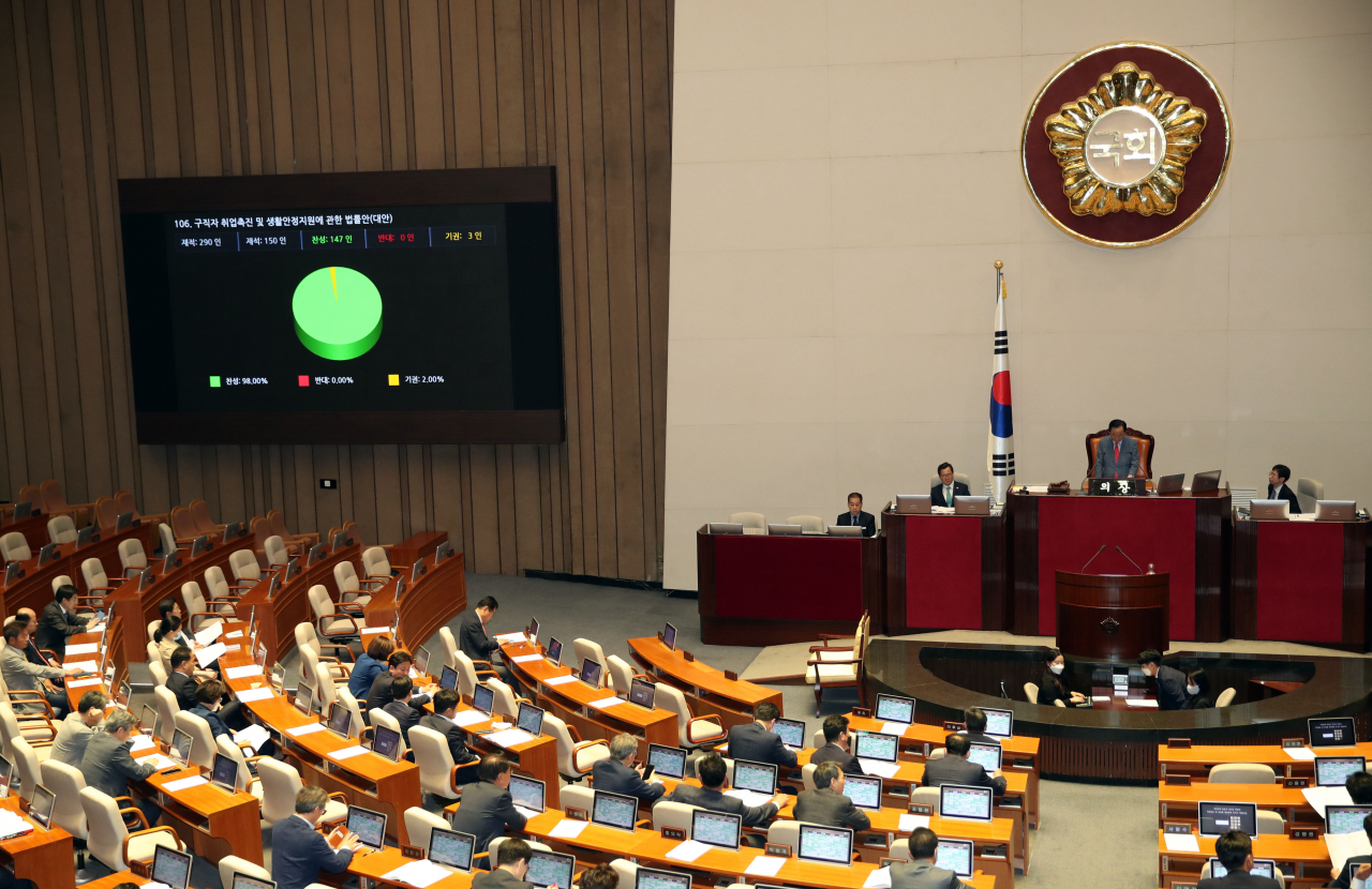 20일 국회 본회의장에서 열린 제378회 국회(임시회) 제1차 본회의에서 구직자 취업촉진 및 생활안정지원에 관한 법률안(대안)이 가결되고 있다. 연합뉴스