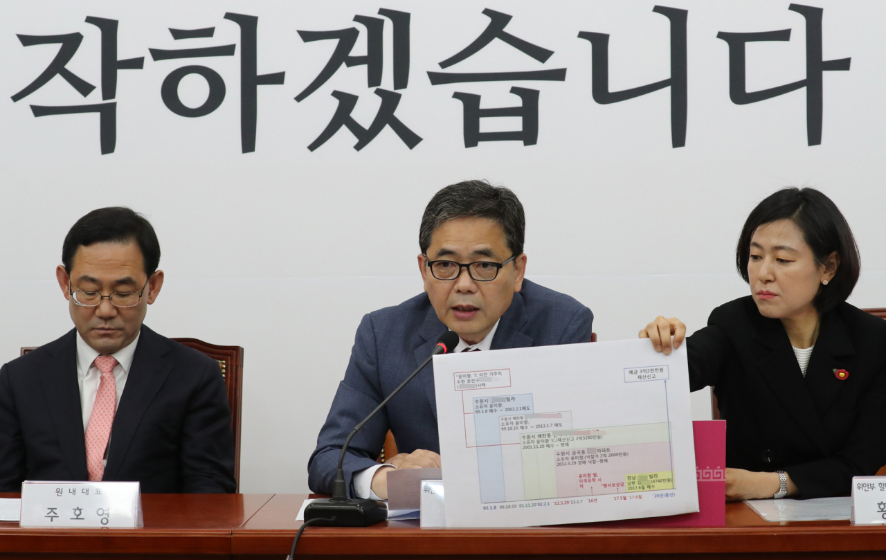 미래통합당 위안부 할머니 피해 진상규명 태스크포스(TF) 곽상도 위원장이 25일 오후 서울 여의도 국회에서 더불어민주당 윤미향 당선인의 부동산 내역을 공개하고 있다. [연합]