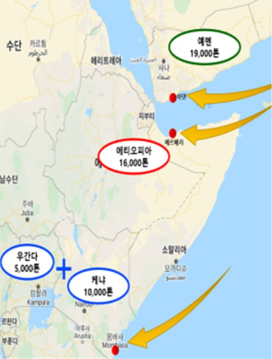 올해 쌀 5만t 지원물량 및 이동경로［농림축산식품부 제공］