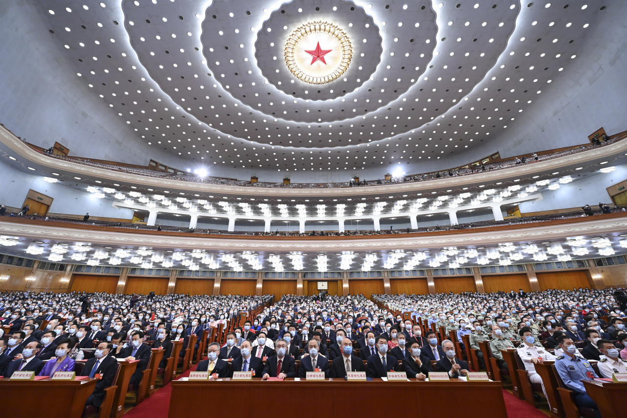 28일 중국 베이징 인민대회당에서 13기 전국인민대표대회(전인대) 3차 전체회의 폐막식이 열리고 있다. [연합]
