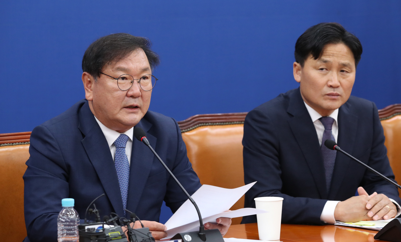 더불어민주당 김태년 원내대표가 31일 오후 서울 여의도 국회에서 열린 더불어민주당 제21대 국회출범 기자간담회에서 발언하고 있다. [연합]