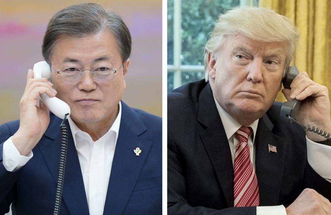 문재인 대통령이 1일 청와대 관저에서 도널드 트럼프 미국 대통령과 통화하고 있다. [연합]