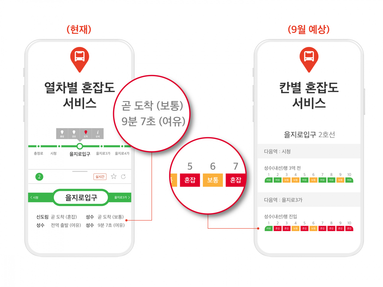 SK텔레콤 'T맵' 내 지하철 혼잡도 안내 화면 예시 [SK텔레콤 제공]