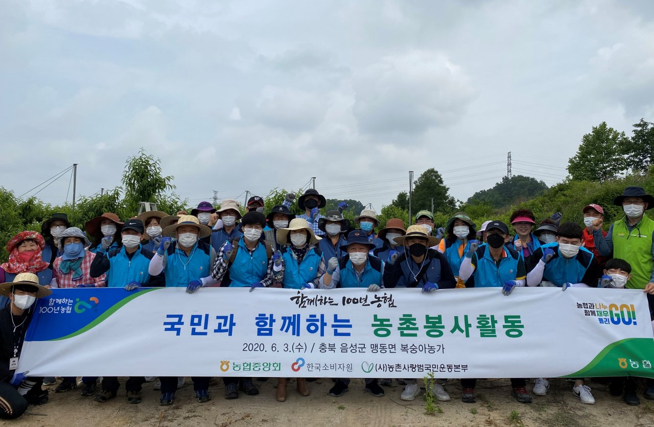 농협중앙회 농가소득지원부 등 범농협 임직원들이 3일 인천 남동농협 관내 배 재배 농가에서 일손돕기에 앞서 기념촬영을 하고 있다. [농협 제공]