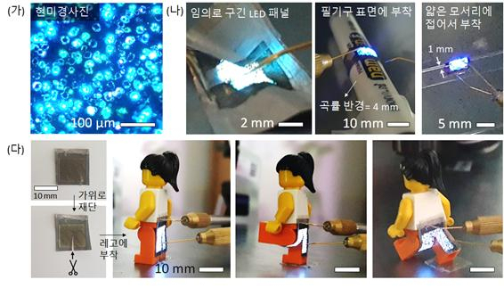 박리·변형·재단이 가능한 마이크로 LED의 발광 사진.[세종대 제공]