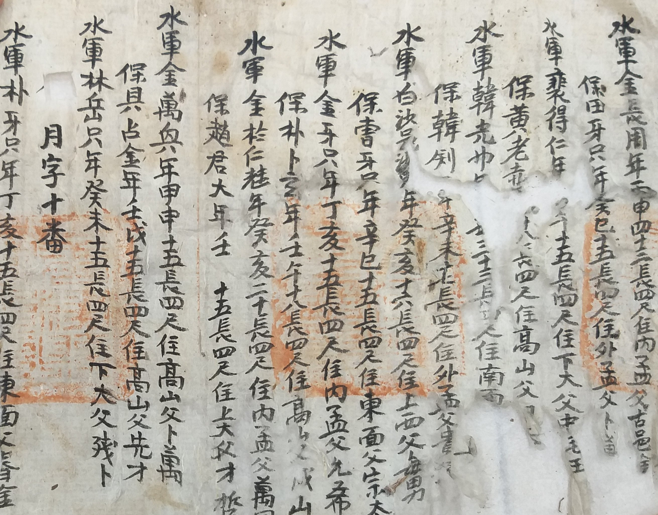 1943년 작성된 태안 안흥진 주둔 수군의 명부. 수군-보인 편제가 나타나있다. 보인은 군역중인 파트너 수군의 가계살림살이까지 책임진다. 필요한 경우 임무를 교대하기도 한다. 2인1조 편제이지만 늘 1명만 근무하는 것이다. 국립해양문화재연구소는 이 군적부는 군포를 거둬들일 목적의 명부라고 단언했다.