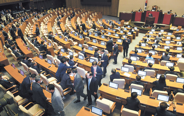 제21대 국회 첫 본회의가 열린 5일 국회 본회의장에서 미래통합당 주호영 원내대표를 비롯한 의원들이 본회의 도중 퇴장하고 있다. 이상섭 기자