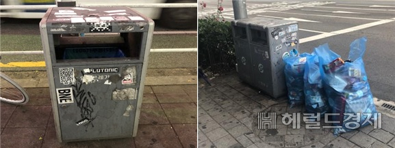 거리 쓰레기통에 불법광고 스티커가 덕지덕지 붙은 모습(왼쪽)과 쓰레기통이 꽉 차 종량제 봉투를 옆에 내다버린 모습. [서울시 제공]