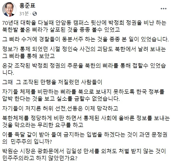 홍준표 무소속 의원 페이스북 캡처.