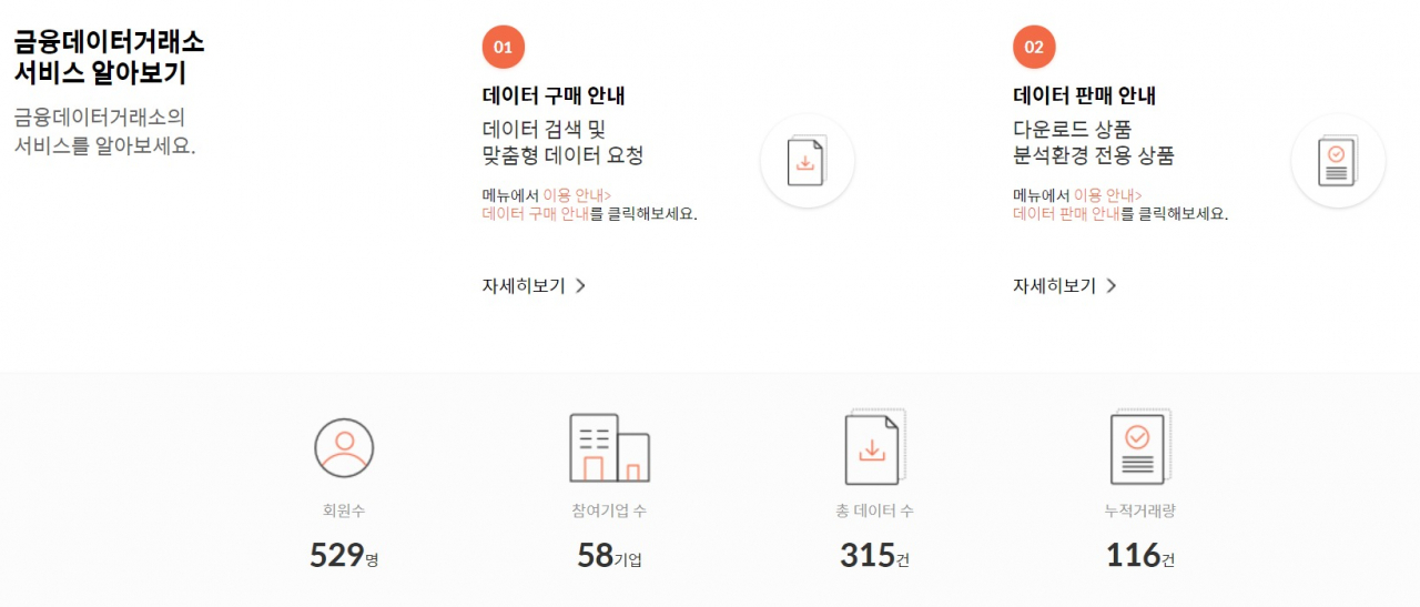 금융데이터거래소 홈페이지 화면