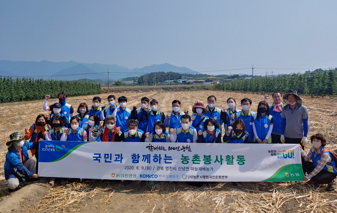 농협중앙회 지역사회공헌부 임직원과 한국조폐공사 화폐본부 임직원들이 경북 영천 일원 마늘 농가를 찾아 일손돕기에 앞서 기념촬영을 하고 있다. [농협 제공]