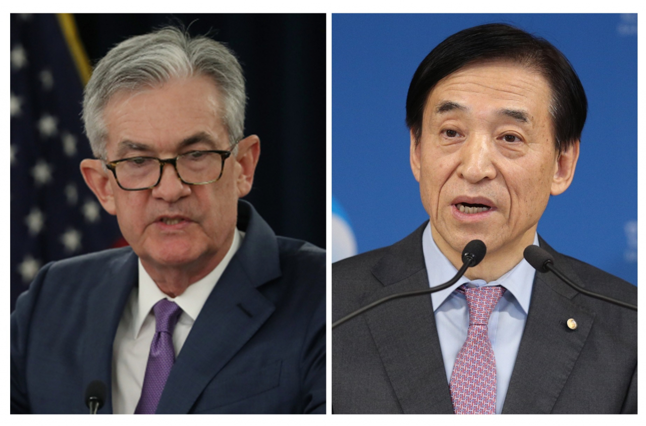제롬 파월(왼쪽) 미국 연방준비제도(Fed) 의장과 이주열 한국은행 총재