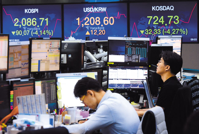 신종 코로나바이러스 감염증(코로나19) 재확산 우려로 11일(현지시간) 글로벌 증시가 일제히 폭락했다. 미국증시에선 다우지수, S&P지수, 나스닥지수 등이 5~6%가량 급락했고, 영국 런던 증시의 FTSE 100 지수는 3.99%, 프랑스 파리 증시의 CAC40지수는 4.71%, 독일 프랑크푸르트 증시의 DAX지수는 4.47% 하락했다. 12일 한국 증시도 4%가 넘는 폭락세로 출발한 이후 장중 2100선이 무너졌다. 침울한 표정으로 거래소를 나서는 뉴욕증권거래소 중개인들의 모습(위쪽)과 급락세를 보여주는 독일증권거래소 전광판 모습(가운데). 12일 코스피가 코로나19의 재확산에 대한 우려로 4% 넘는 폭락세로 출발한 가운데 장중 2100선이 붕괴되기도 했다. [로이터·박해묵 기자]