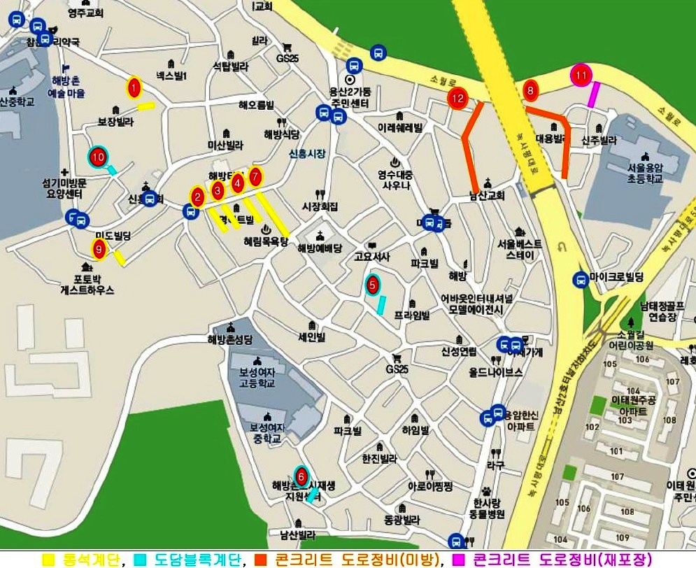 해방촌 골목길 보행환경 개선 대상을 표시한 지도. [용산구 제공]