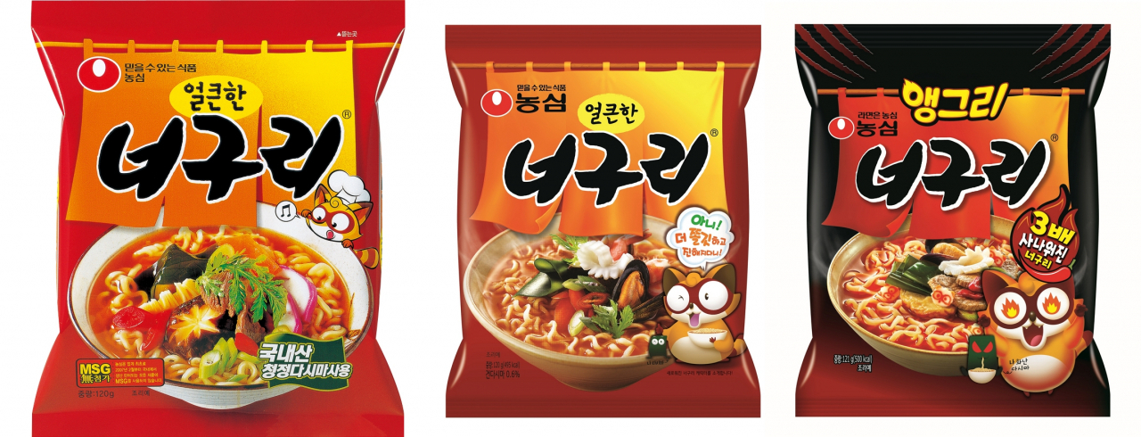 2008년 너구리(왼쪽), 2016년 한 차례 리뉴얼된 너구리 캐릭터, 지난 5월 출시된 ‘앵그리 너구리’ 속 너구리 캐릭터 [농심 제공]