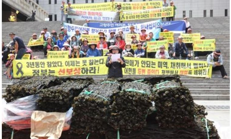 세월호 침몰 당시 기름유출로 생계에 피해를 입었다고 주장하는 전남 진도군 동거차도 어민들이 2017년 서울 광화문 세종문화회관 앞에서 피해 보상을 촉구하고 있다. [연합뉴스]