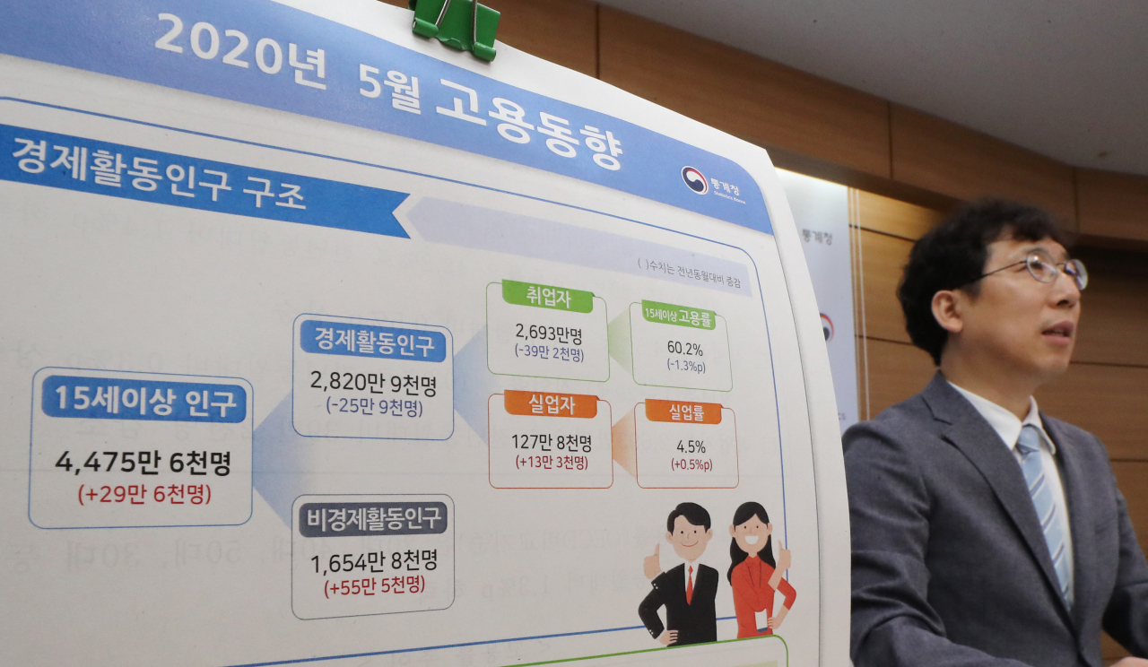 통계청 정동욱 고용통계과장이 지난 10일 오전 세종시 정부세종청사에서 2020년 5월 고용동향 브리핑을 하고 있다. 연합뉴스