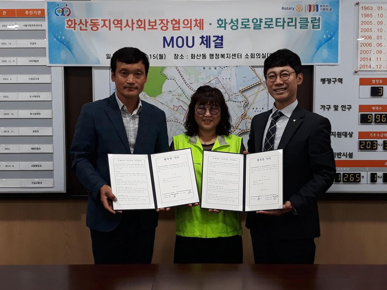 화성로얄로타리클럽과 지역사회보장협의체가 협약후 기념촬영을 하고있다. [화성시 제공]