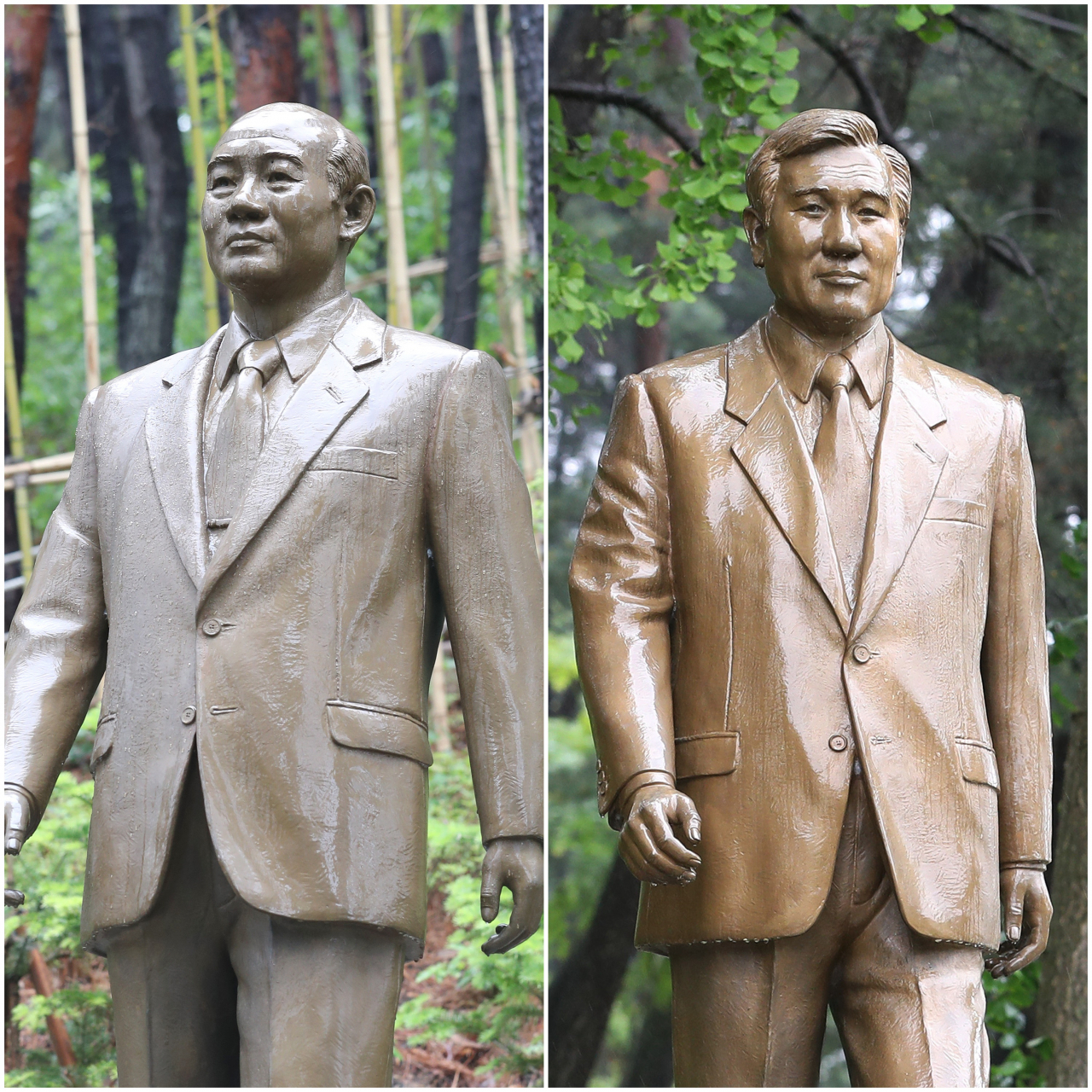 5·18 광주 민주화운동 40주년을 앞두고 충청북도가 시민·여성 등 도내 시민단체 관계자 회의를 거쳐 청남대에 설치된 전두환, 노태우 두 전직 대통령의 동상을 철거하기로 기본입장을 정한 15일 오후 충북 청주시 옛 대통령 별장인 청남대에 두 전직 대통령의 동상이 비를 맞고 있다. [연합]