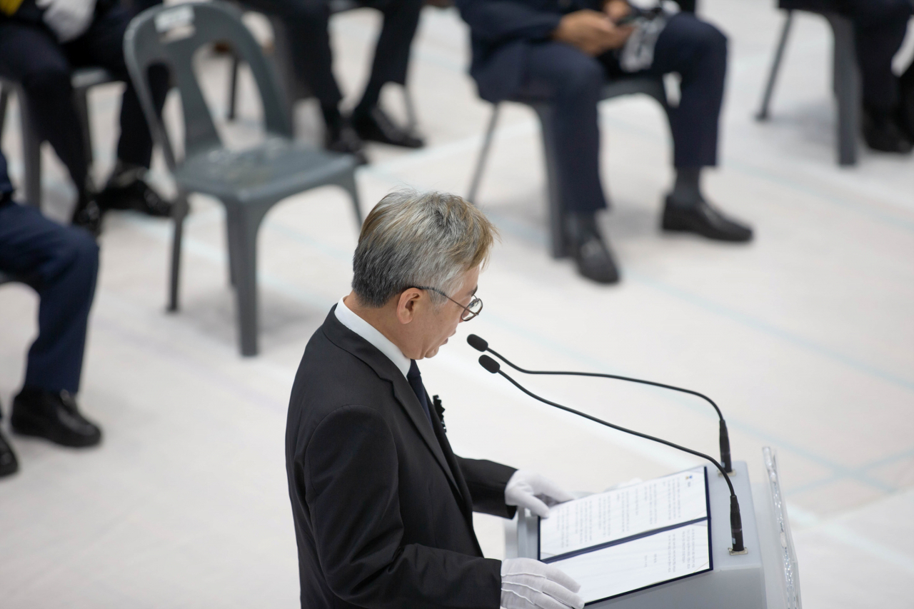 한익스프레스 이천 물류센터 화재 사고 합동영결식에서 이재명 경기도지사가 추도사를 하고있다. [경기도 제공]