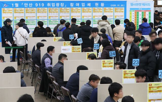 지난 1월 오후 경기도 안산시청에서 열린 ‘안산 919 취업광장’행사가 구직자들로 붐비고 있다. [연합]　